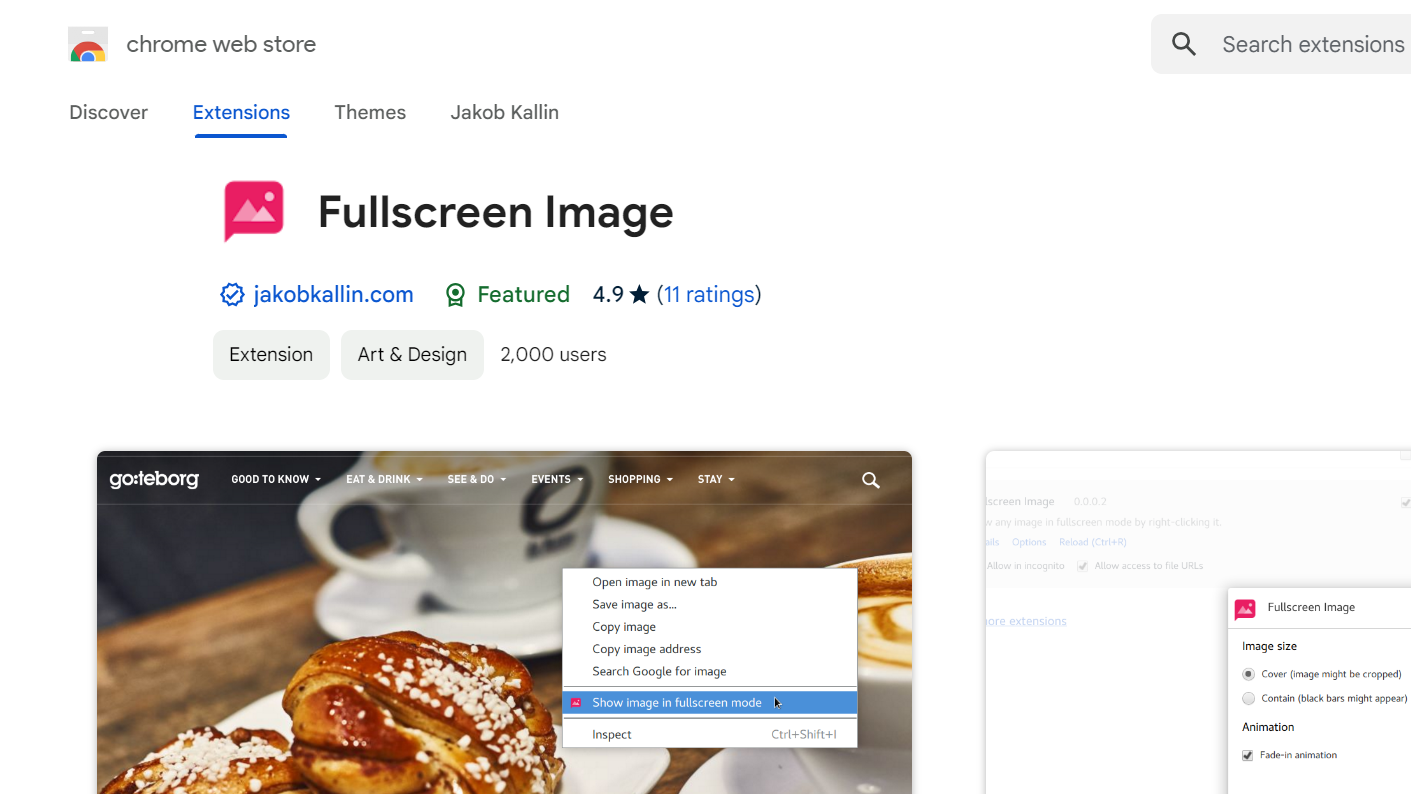 Screenshot of Fullscreen Image extension in Chrome Web Store.